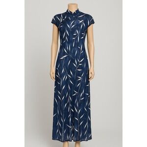 Ronni Nicole Vintage Maxi Dress Size Sm/Med Navy Botanical Print Cheongsam Asian